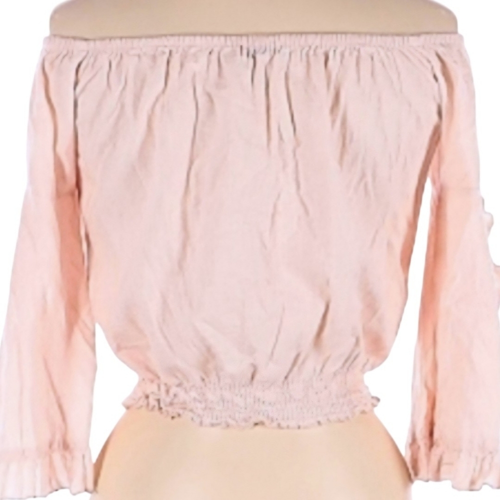 BERSHKA Off Shoulder Linen Blend Flowy Bell Sleeve Boho‎ Crop Top Sz M Pink